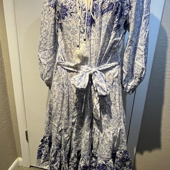 Boho blue dress nwt by nostalgia midi dress belted waist - Picture 4 of 15